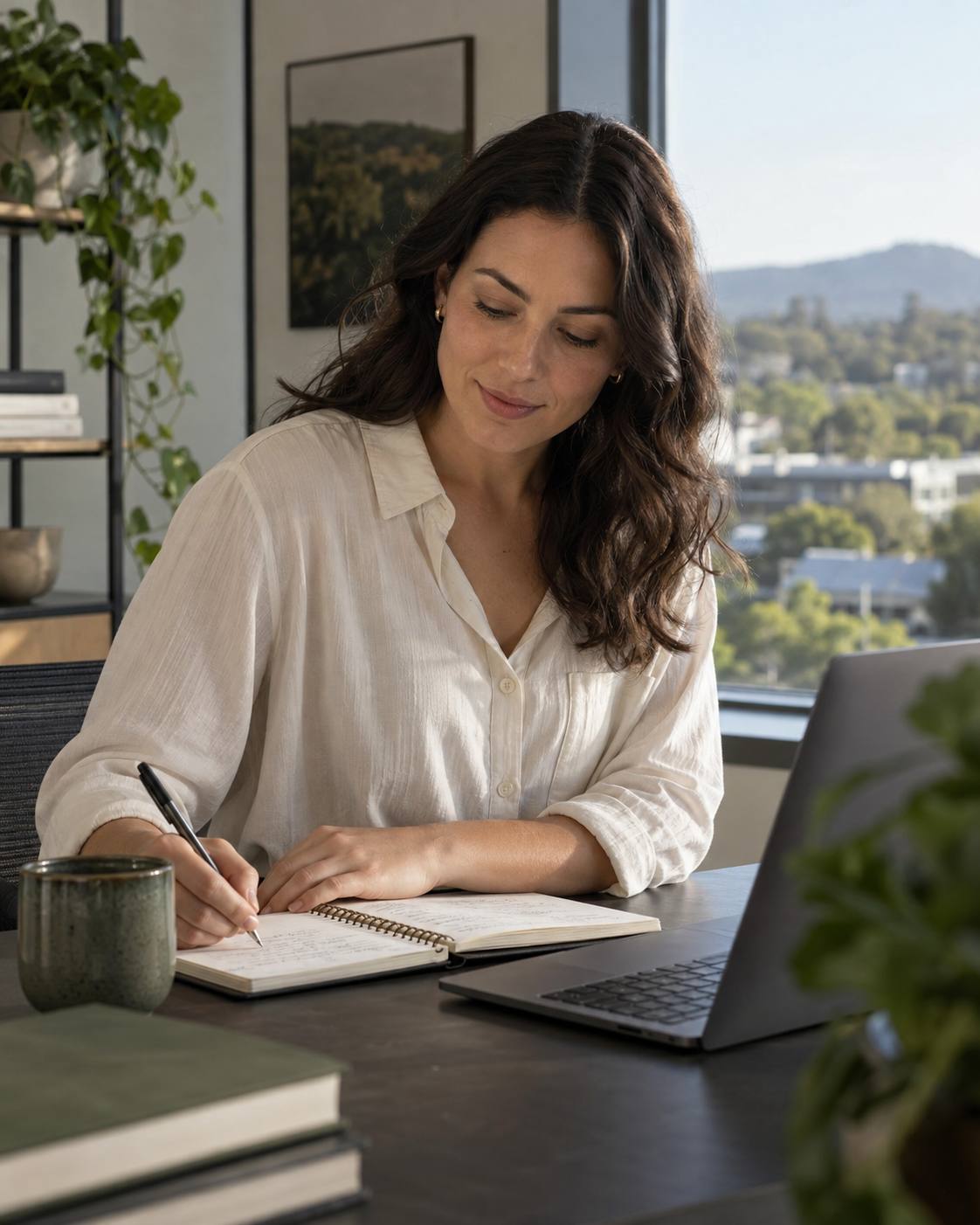 Illustrative early-career person reviewing work at a desk